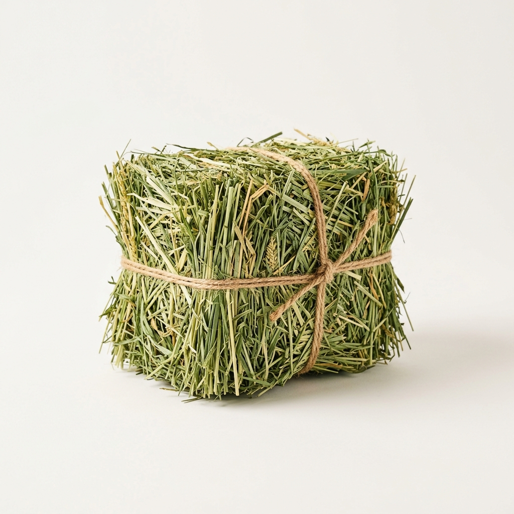 Small bale of green grass hay tied with twine