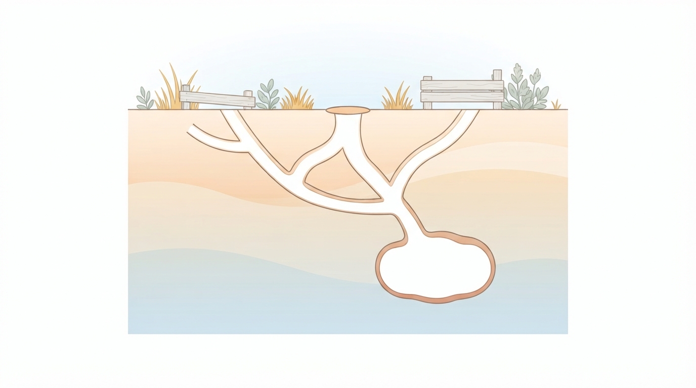 Cross-section diagram of a rabbit burrow with tunnels and a nesting chamber