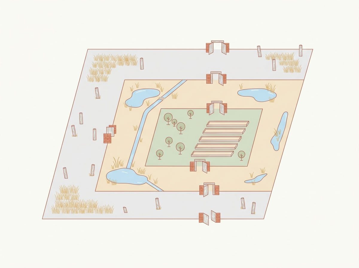 Isometric site map showing fenced zones, water and shaded rows
