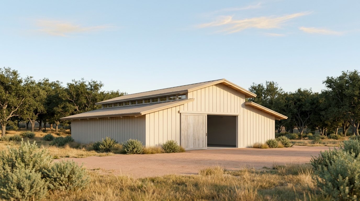 Long barn with a clerestory roof and open sliding door among oaks