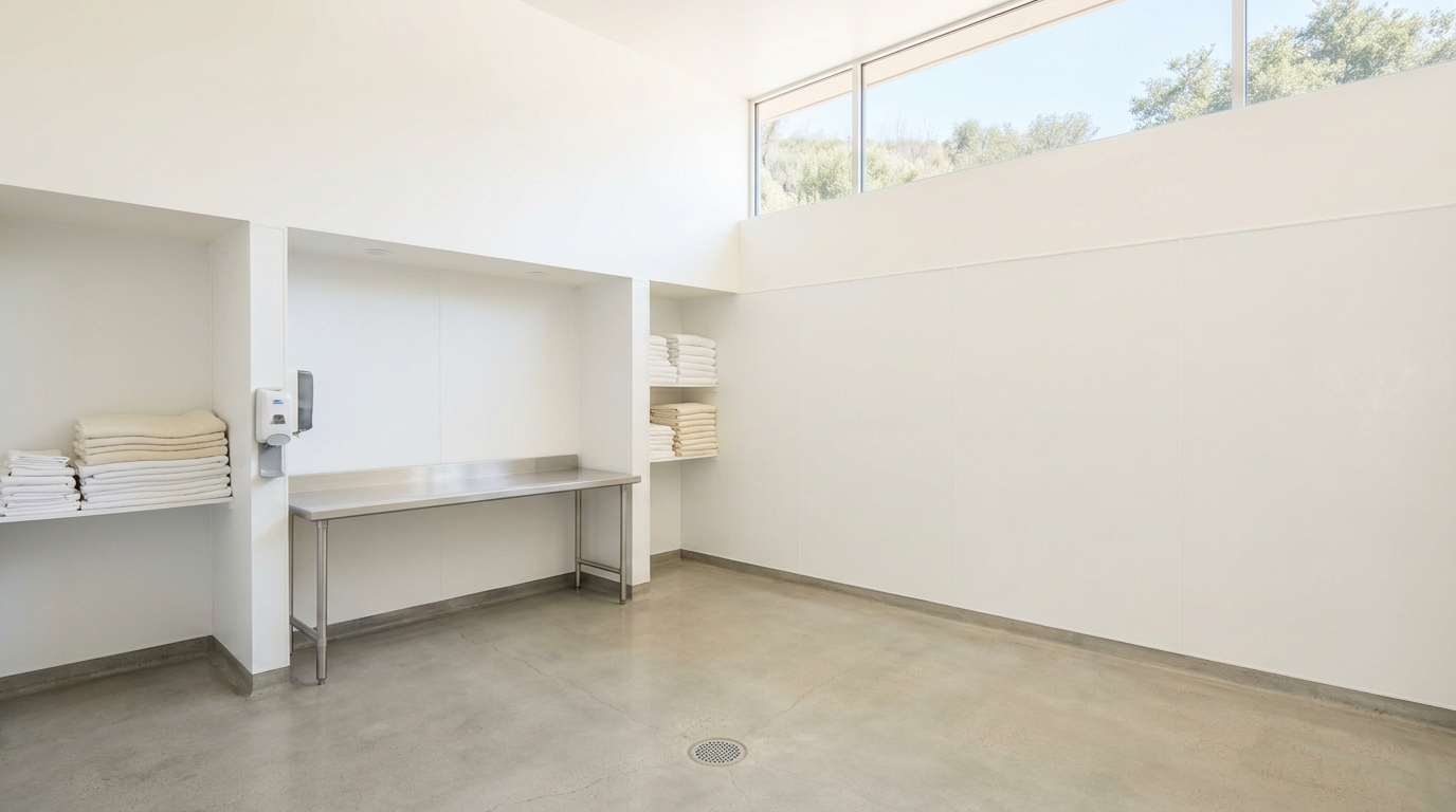 Bright washable intake room with a stainless steel work surface and folded towels