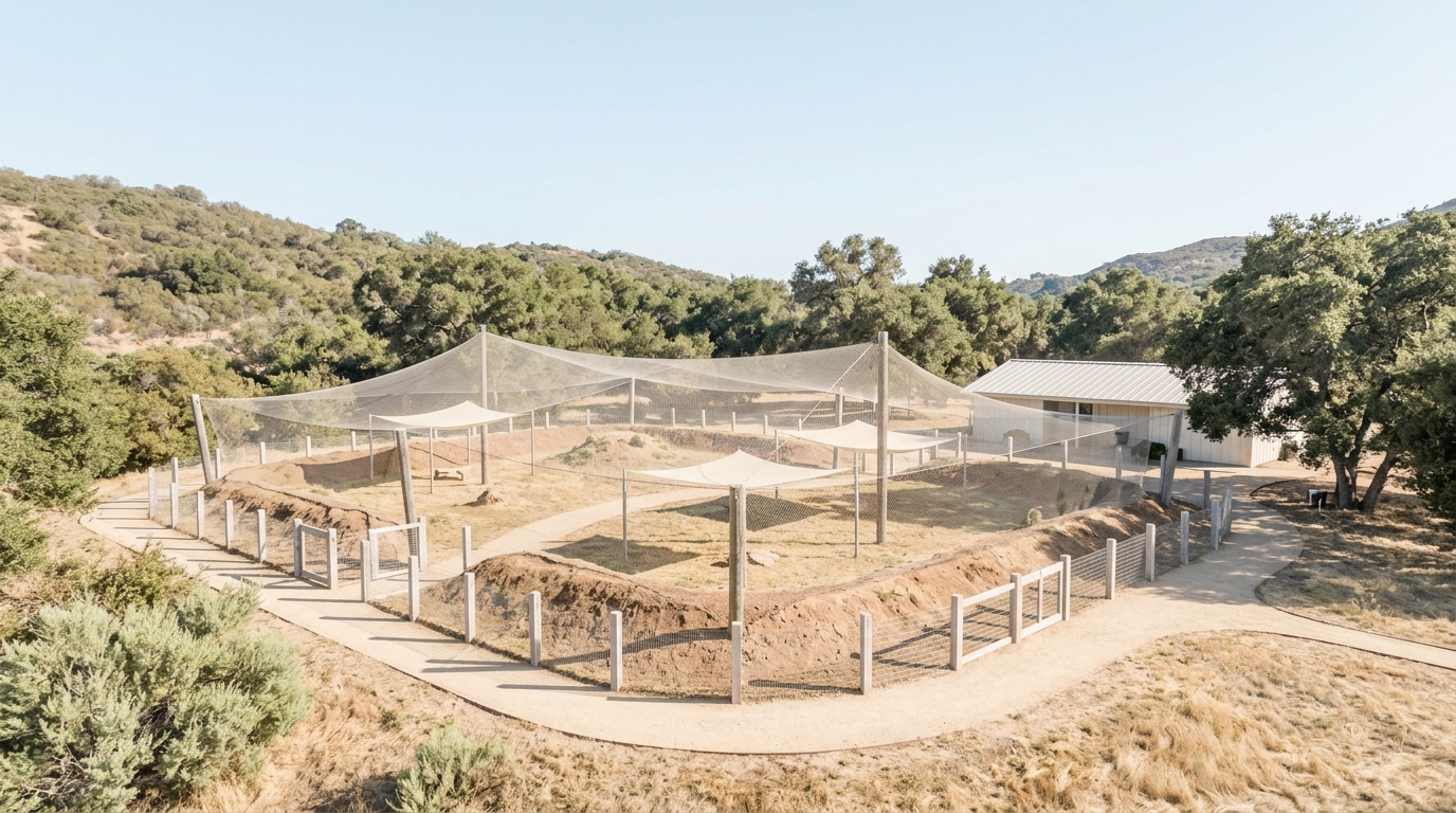 Wide sanctuary habitat with perimeter fencing, overhead netting, shade structures, paths, and a utility building