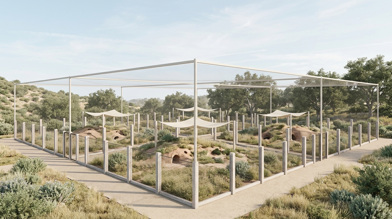 Exterior view of a secure planted rabbit habitat with shade sails and overhead mesh