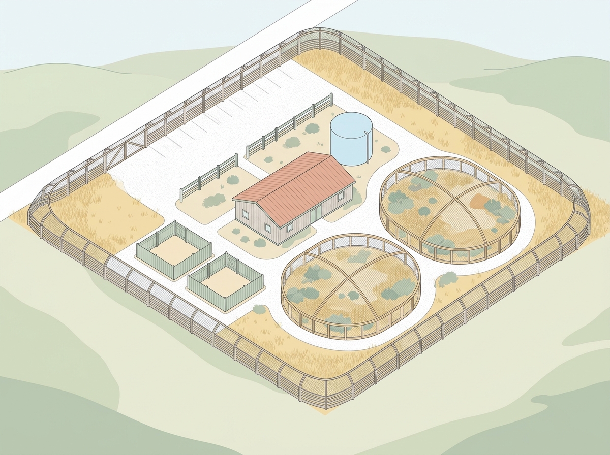 Isometric sanctuary plan with two round habitats, a central building, two yards, perimeter fencing, parking, and a water tank