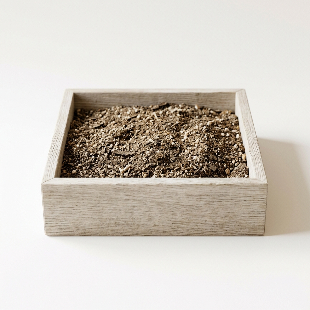 Shallow square wooden digging box filled with loose soil