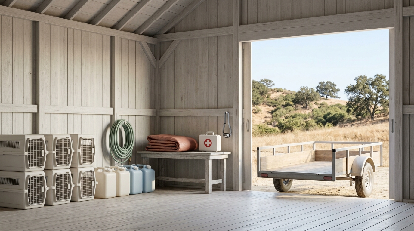 Open barn with stacked carriers, water containers, folded blankets, first-aid supplies, and a utility trailer