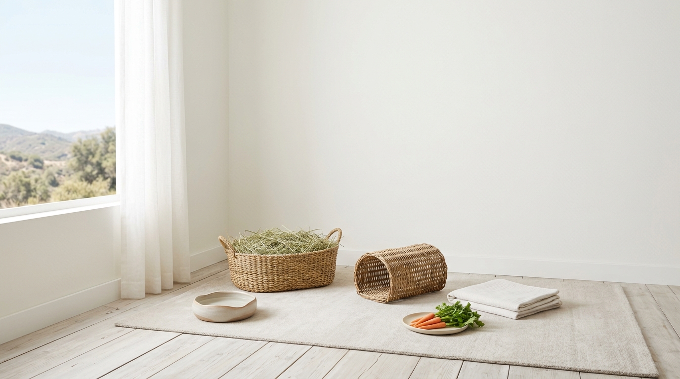 Foster room set up with hay basket, woven tunnel, water bowl and folded towels