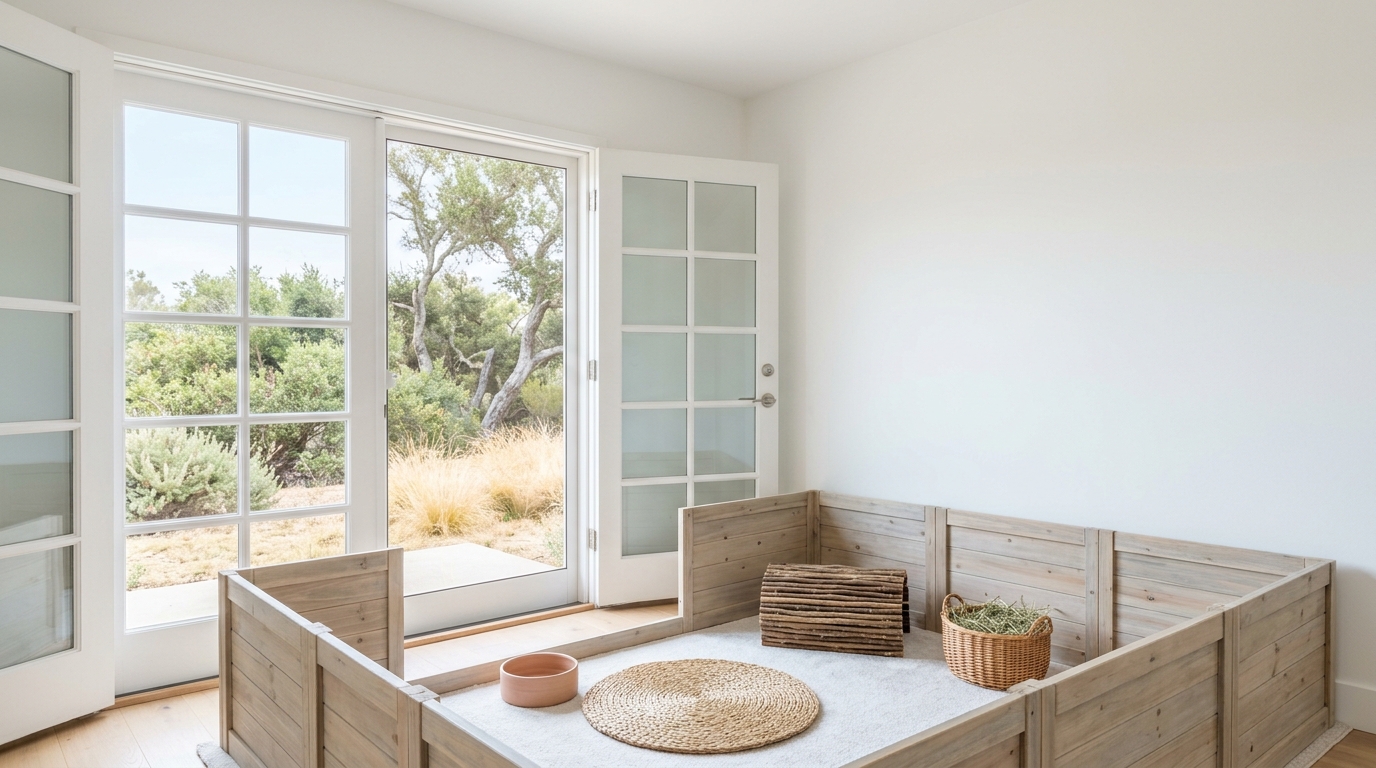 Bright foster room with a low wooden pen, hay basket, hide, water bowl, and woven mat