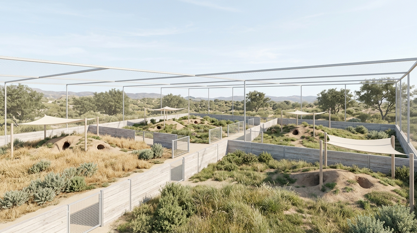 Interior view of divided outdoor habitats with burrows, planting, shade, and secure overhead mesh