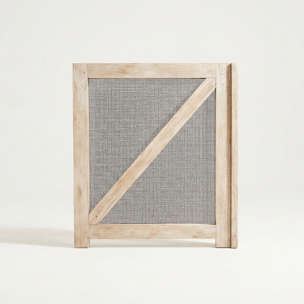 Wooden gate panel faced with fine wire mesh