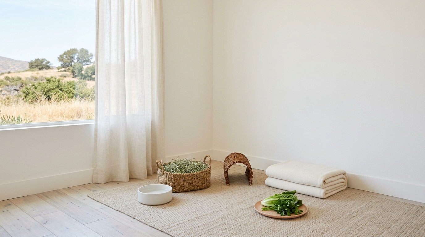 Bright room with a hay basket, willow hide, water bowl and greens on a rug