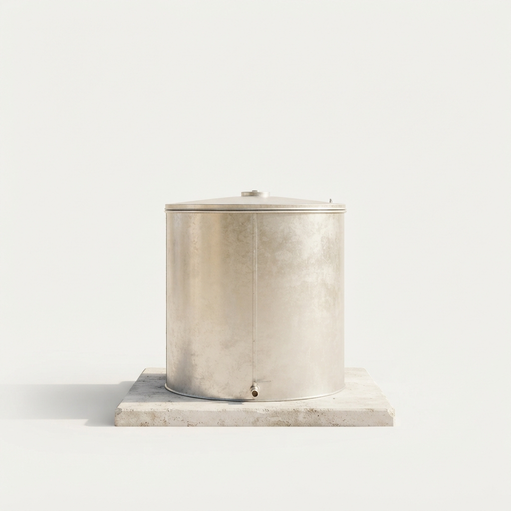 Galvanised water tank on a concrete pad