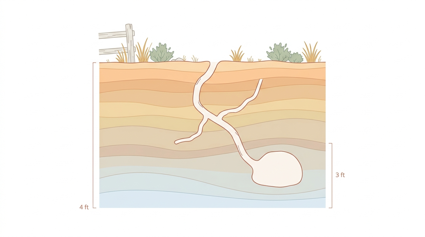 Cross-section diagram of branching burrow tunnels and a chamber, with depth labels of four feet and three feet