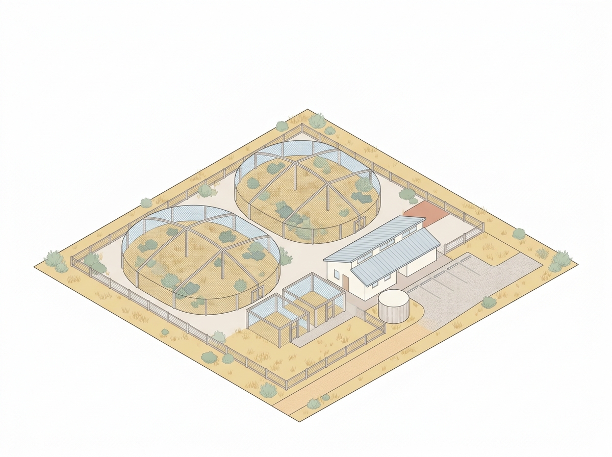 Isometric plan of two round netted habitats, intake building, yards and water tank