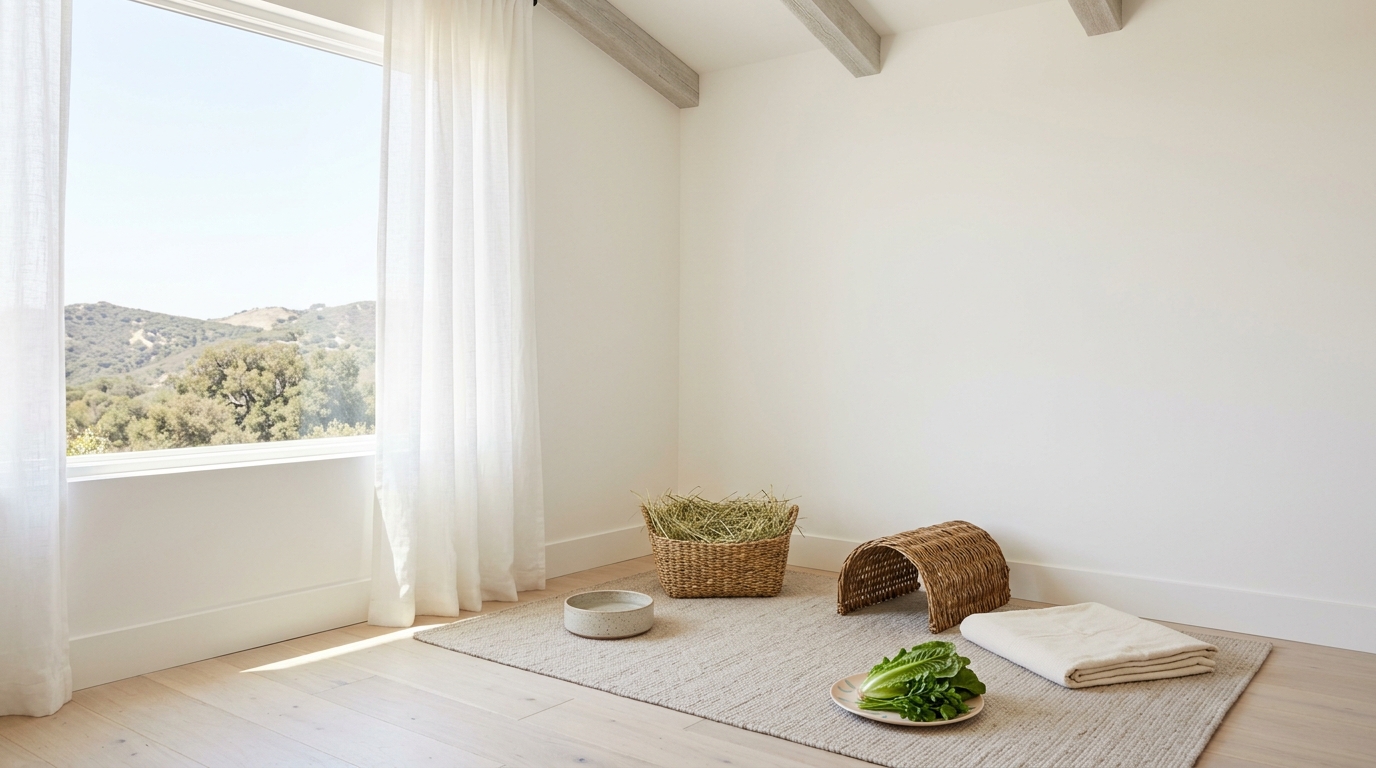 Open indoor rabbit space with hay, water, a woven hide, greens, and a soft floor mat